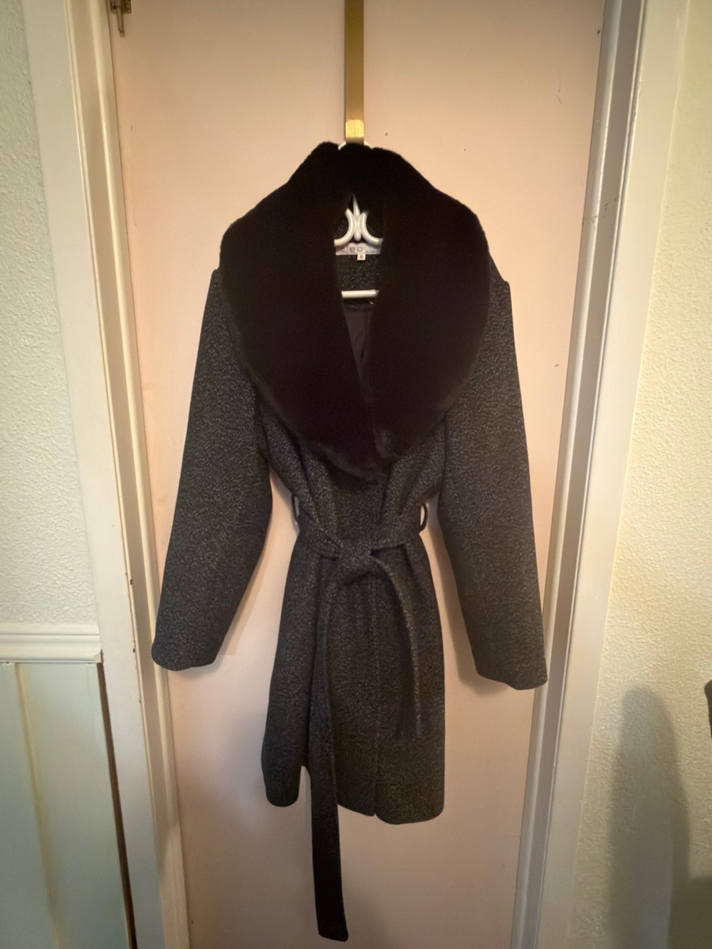 cleo Gray Wrap Trench Coat with Black Faux Fur Collar